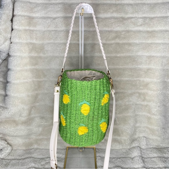 Anthropologie Raffia Green Woven Bucket Bag with Lemon Fruit Embroidery - Picture 2 of 16